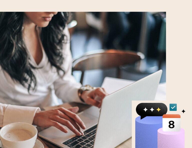 Woman using the HoneyBook client portal on her laptop