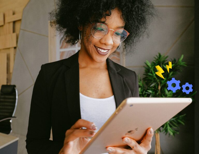 Woman on her ipad with icons representing automated business processes