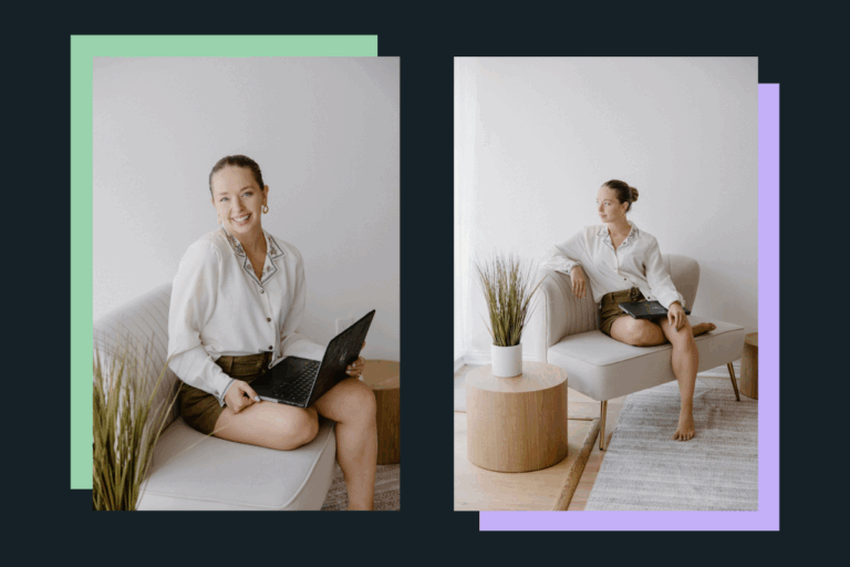 two photos of the photographer, India Jade McCue. On the left she is looking straight at the camera with her laptop on her lap. In the second, she is looking to the left.